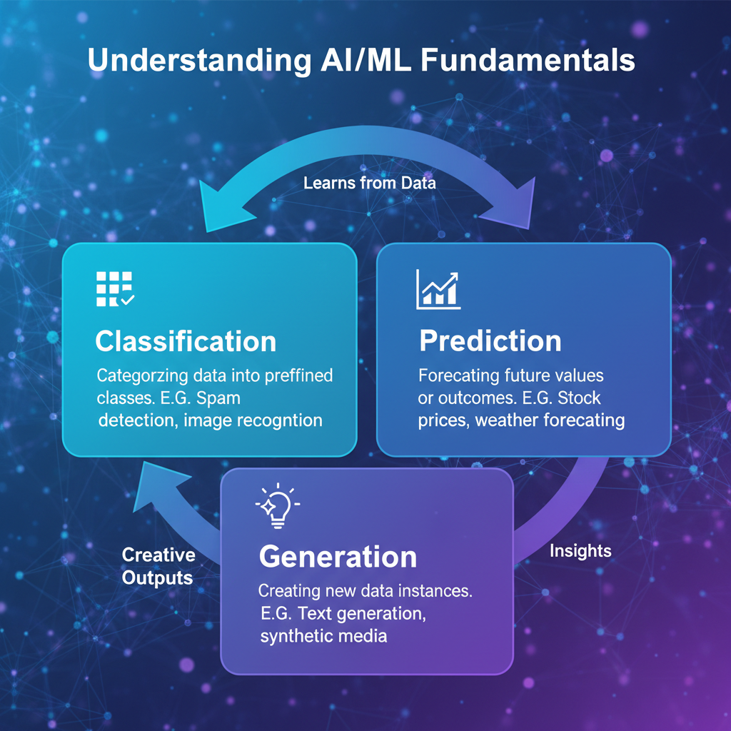 Understanding AI/ML Fundamentals: Classification, Prediction, and Generation concepts visualized